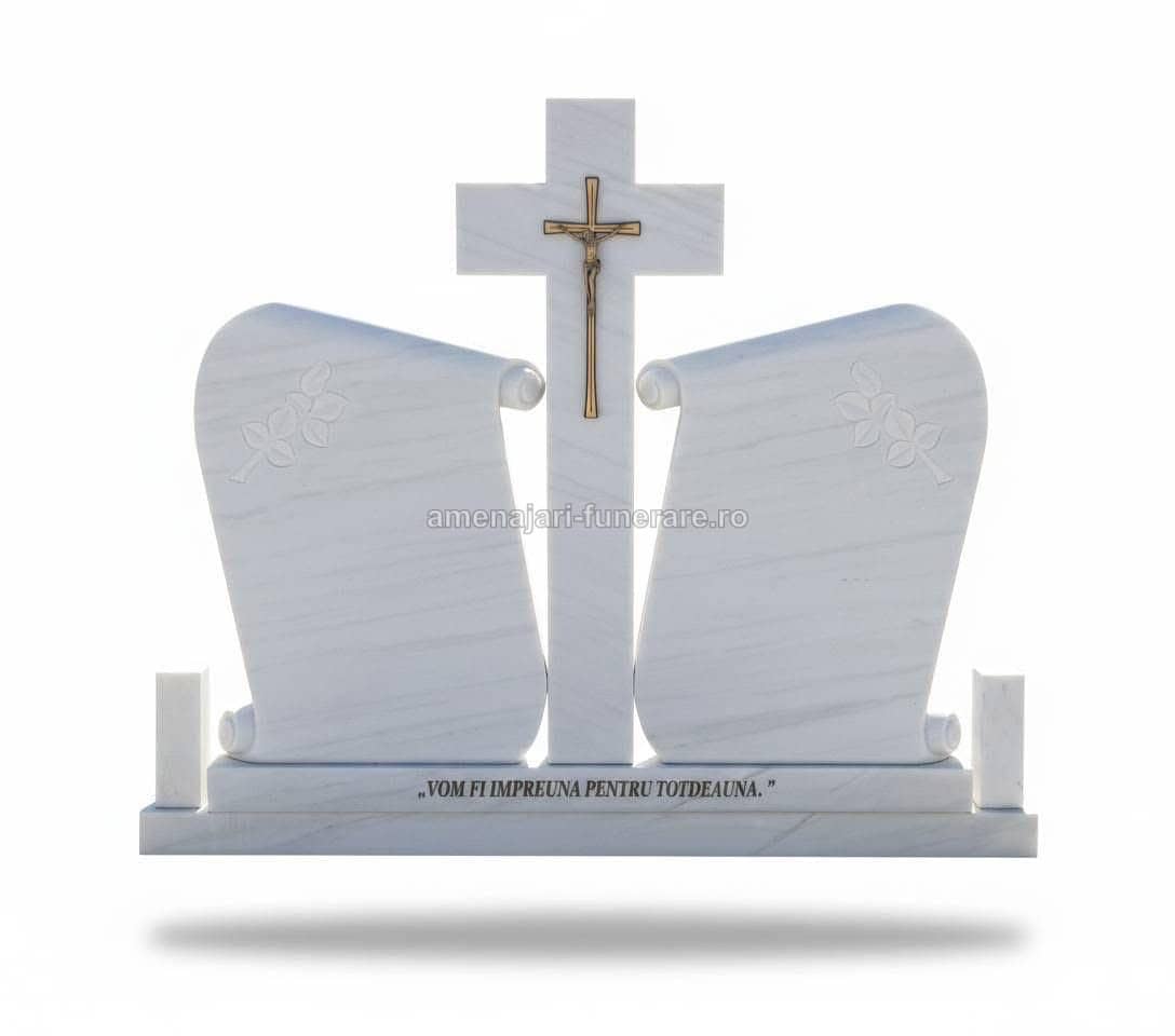 Cruce funerară din marmură albă, model 5 - lucrare realizată de amenajari-funerare.ro