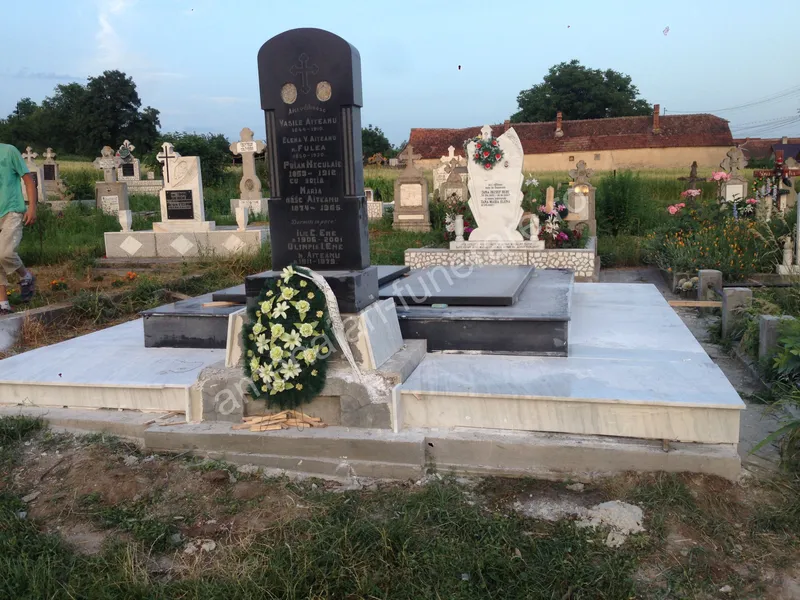 Cavou cu acoperiș plat și monument central - executat în marmură și granit la amenajari-funerare.ro