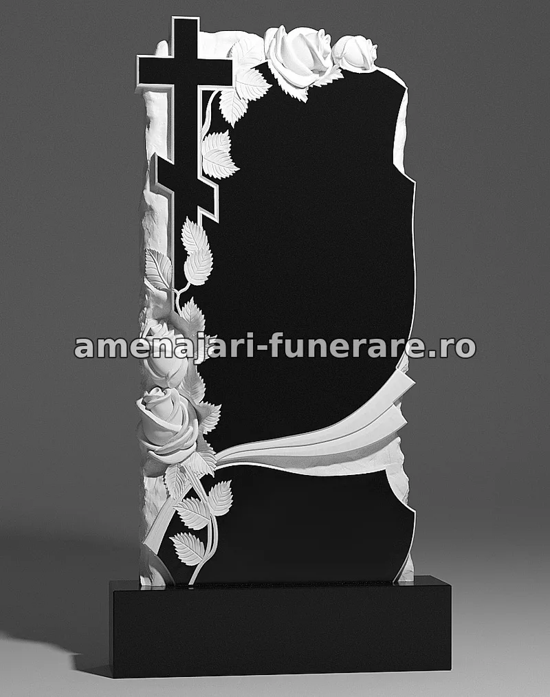 Monument cu cruce și trandafiri sculptați - model 005, granit la amenajari-funerare.ro