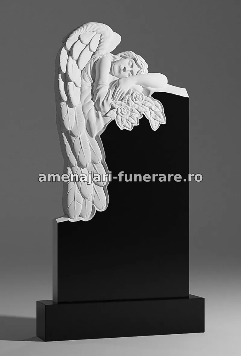 Monument cu înger și flori sculptate - model 007, marmură și granit la amenajari-funerare.ro