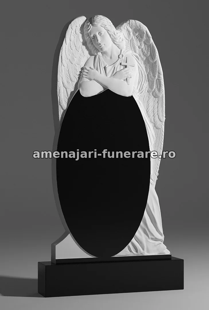 Monument cu înger și placă neagră - model 010, marmură și granit la amenajari-funerare.ro