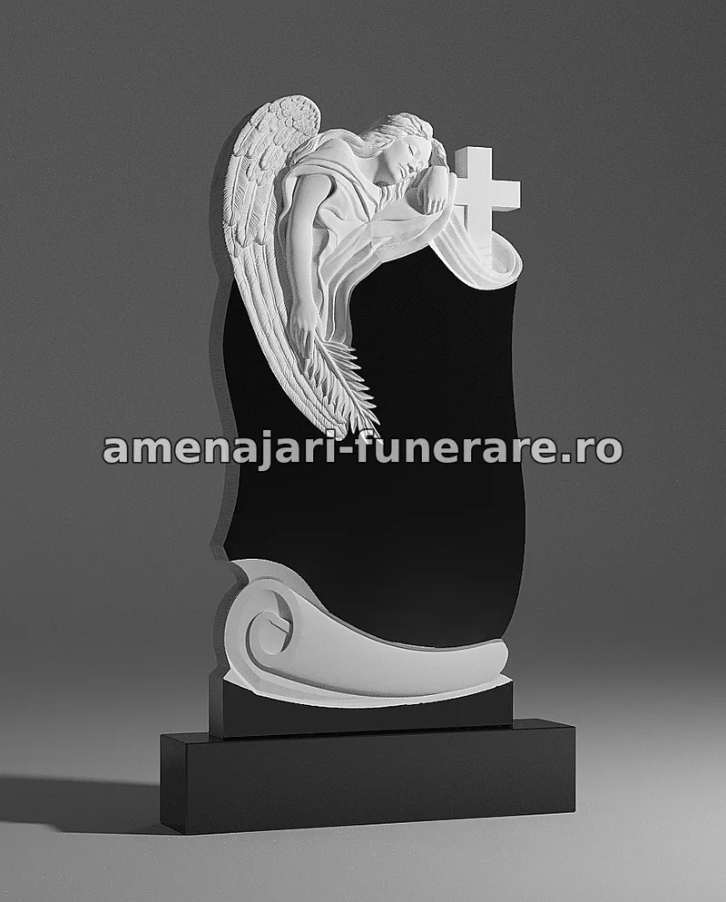 Monument cu înger îndurerat și cruce - model 020, marmură și granit la amenajari-funerare.ro