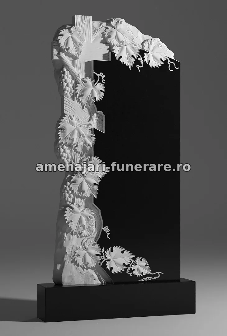 Monument cu cruce și frunze sculptate - model 037, marmură la amenajari-funerare.ro