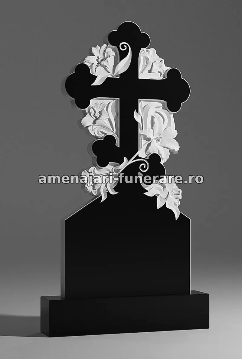Monument cu cruce și flori sculptate - model 052, marmură și granit la amenajari-funerare.ro