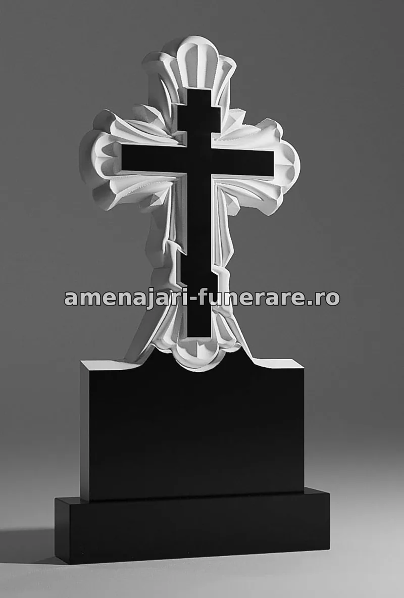Monument cu cruce sculptată și ornamente - model 053, marmură și granit la amenajari-funerare.ro