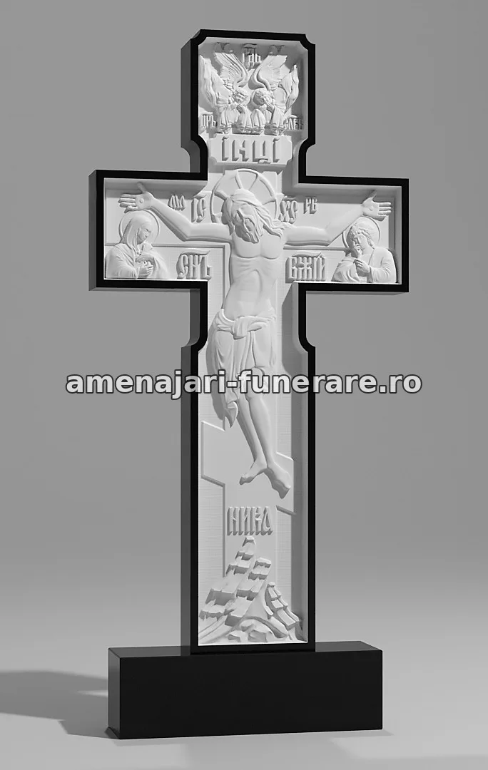 Cruce ortodoxă cu sculptură detaliată - model 054, marmură la amenajari-funerare.ro