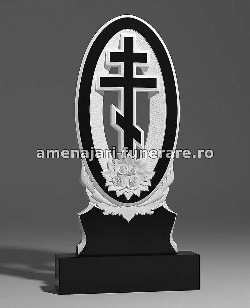 Monument cu cruce ortodoxă și flori sculptate - model 055, marmură și granit la amenajari-funerare.ro
