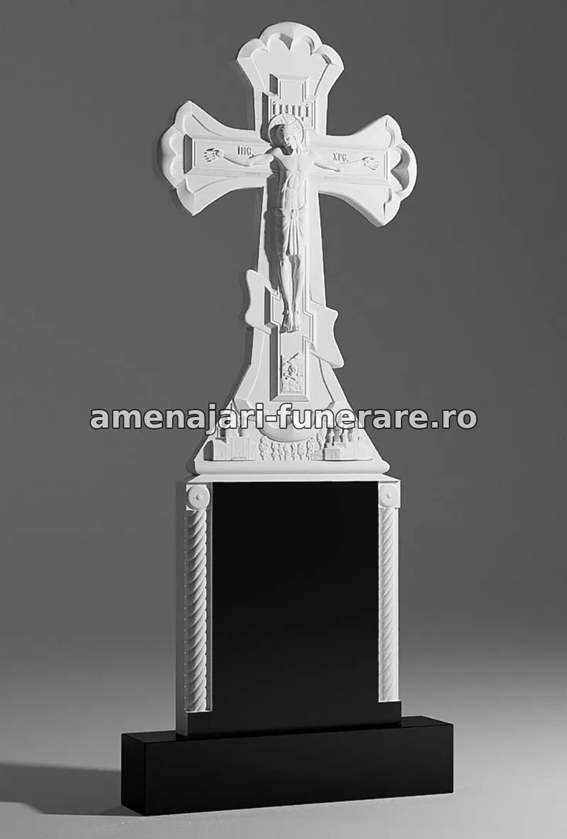 Monument cu cruce și statuie a lui Iisus - model 060, marmură și granit la amenajari-funerare.ro