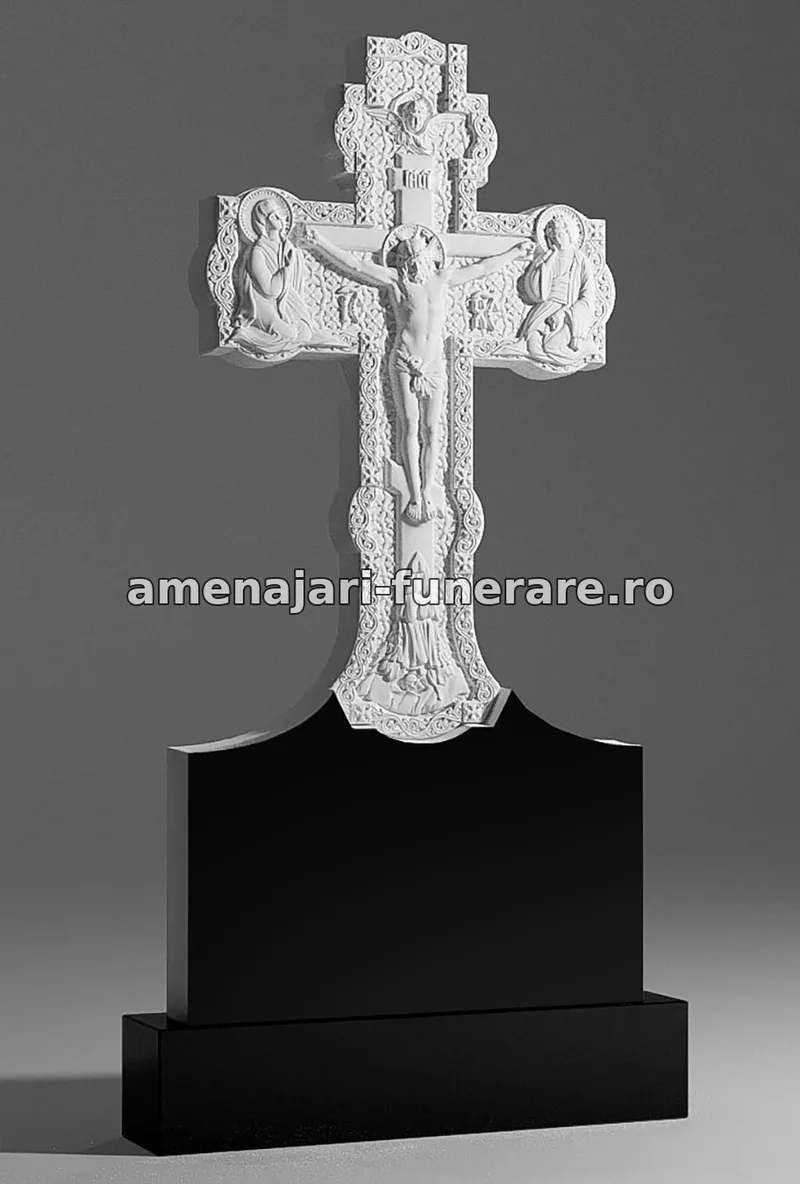 Monument cu cruce și îngeri sculptați - model 065, marmură la amenajari-funerare.ro