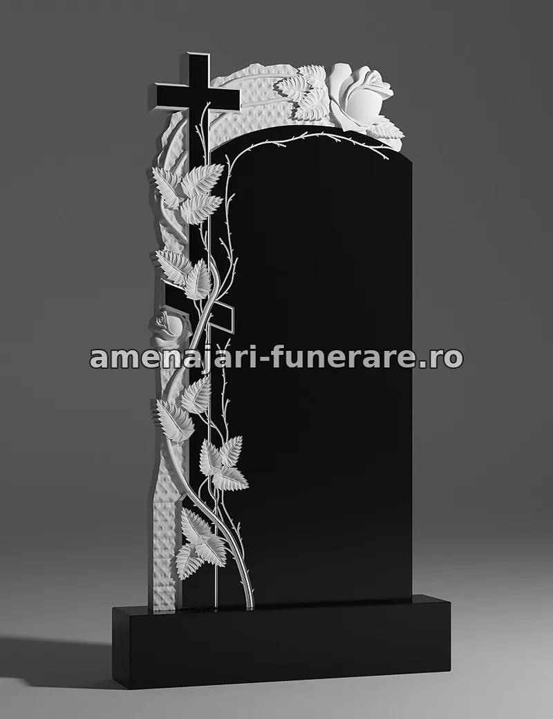 Monument cu cruce și trandafiri sculptați - model 100, granit la amenajari-funerare.ro