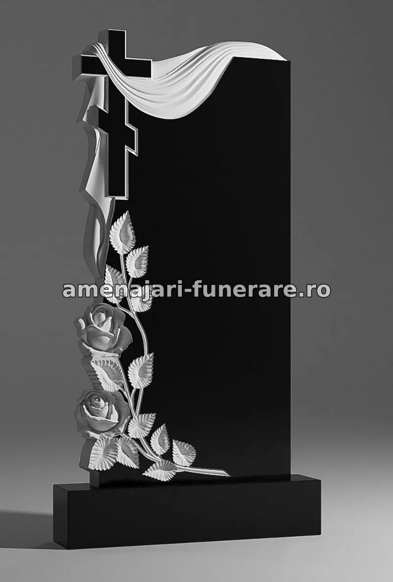 Monument cu cruce și trandafiri sculptați - model 101, granit la amenajari-funerare.ro