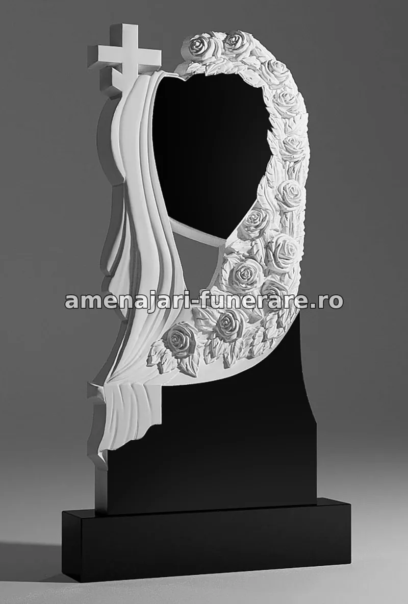 Monument cu flori sculptate și cruce - model 121, marmură și granit la amenajari-funerare.ro