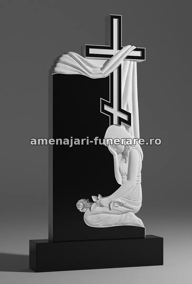 Monument cu femeie îngenuncheată și cruce - model 128, marmură și granit la amenajari-funerare.ro