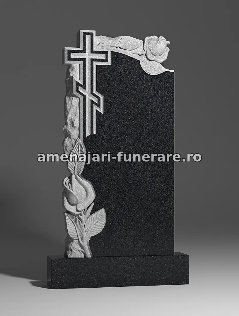 Monument cu cruce și trandafiri sculptați - model 198, marmură și granit la amenajari-funerare.ro