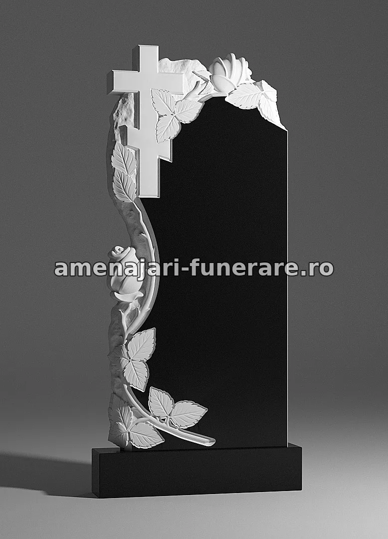 Monument cu cruce și trandafiri sculptați - model 200, marmură și granit la amenajari-funerare.ro