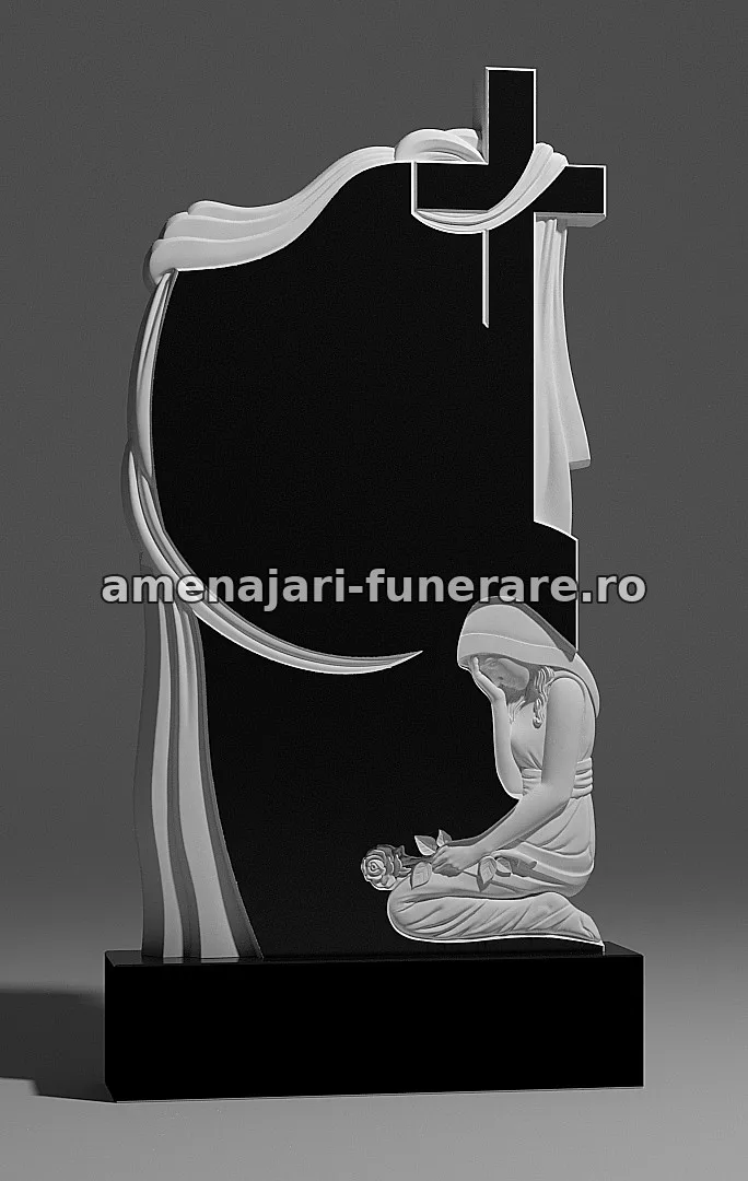 Monument cu femeie îngenuncheată și cruce - model 203, marmură și granit la amenajari-funerare.ro