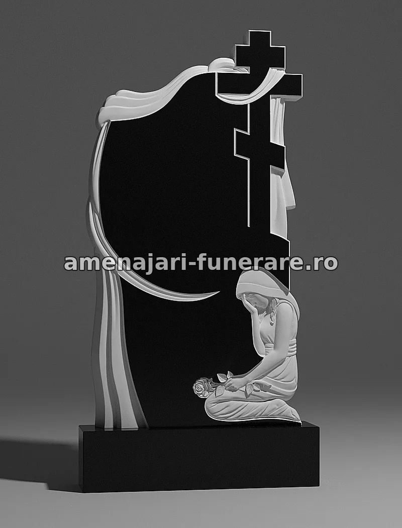 Monument cu femeie îngenuncheată și cruce - model 205, marmură și granit la amenajari-funerare.ro