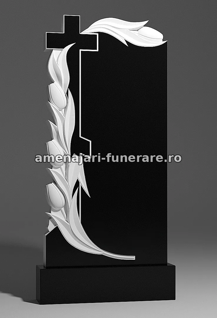 Monument cu cruce și flori sculptate - model 250, marmură și granit la amenajari-funerare.ro